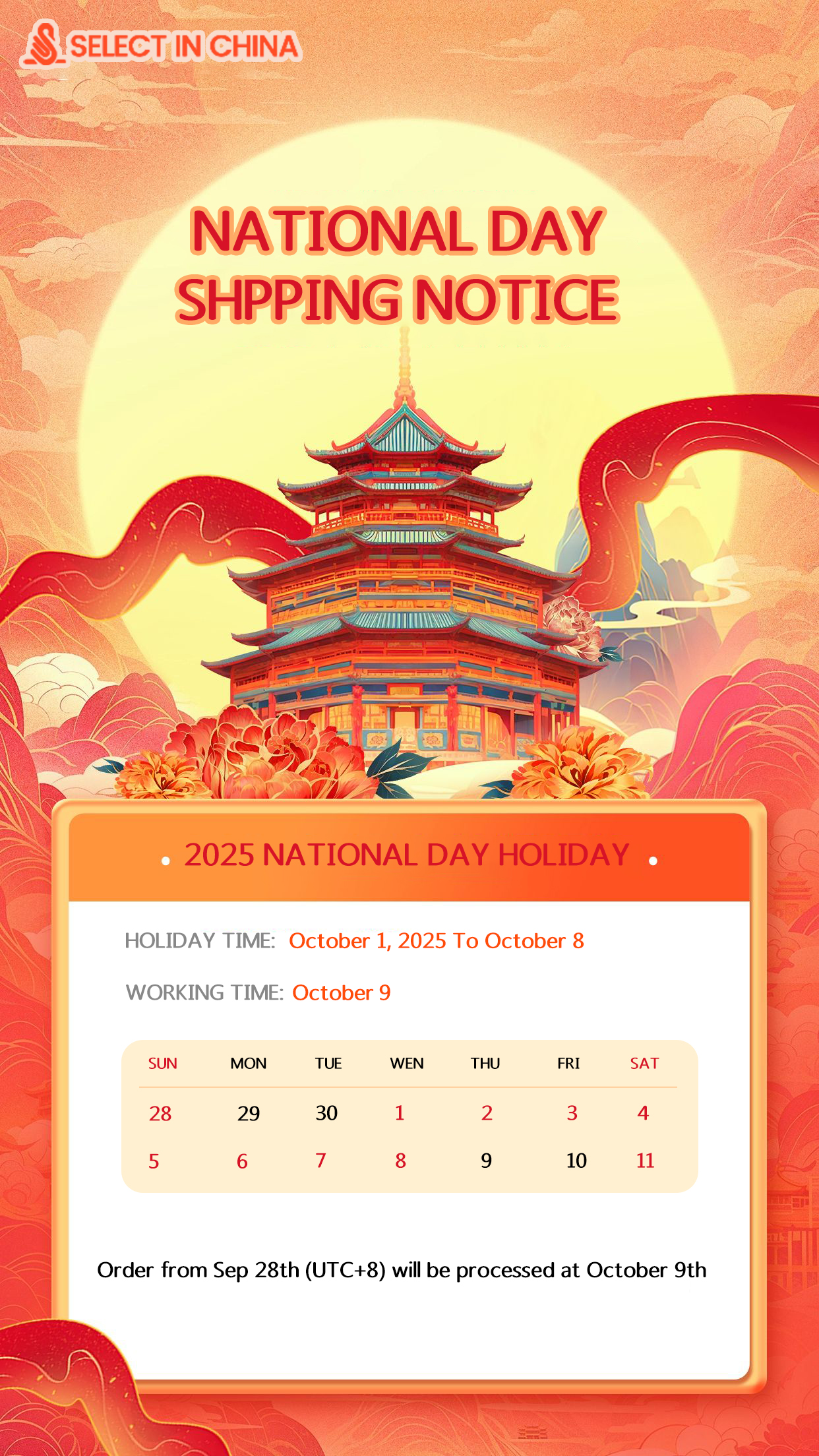 National day shipping notice from select in china